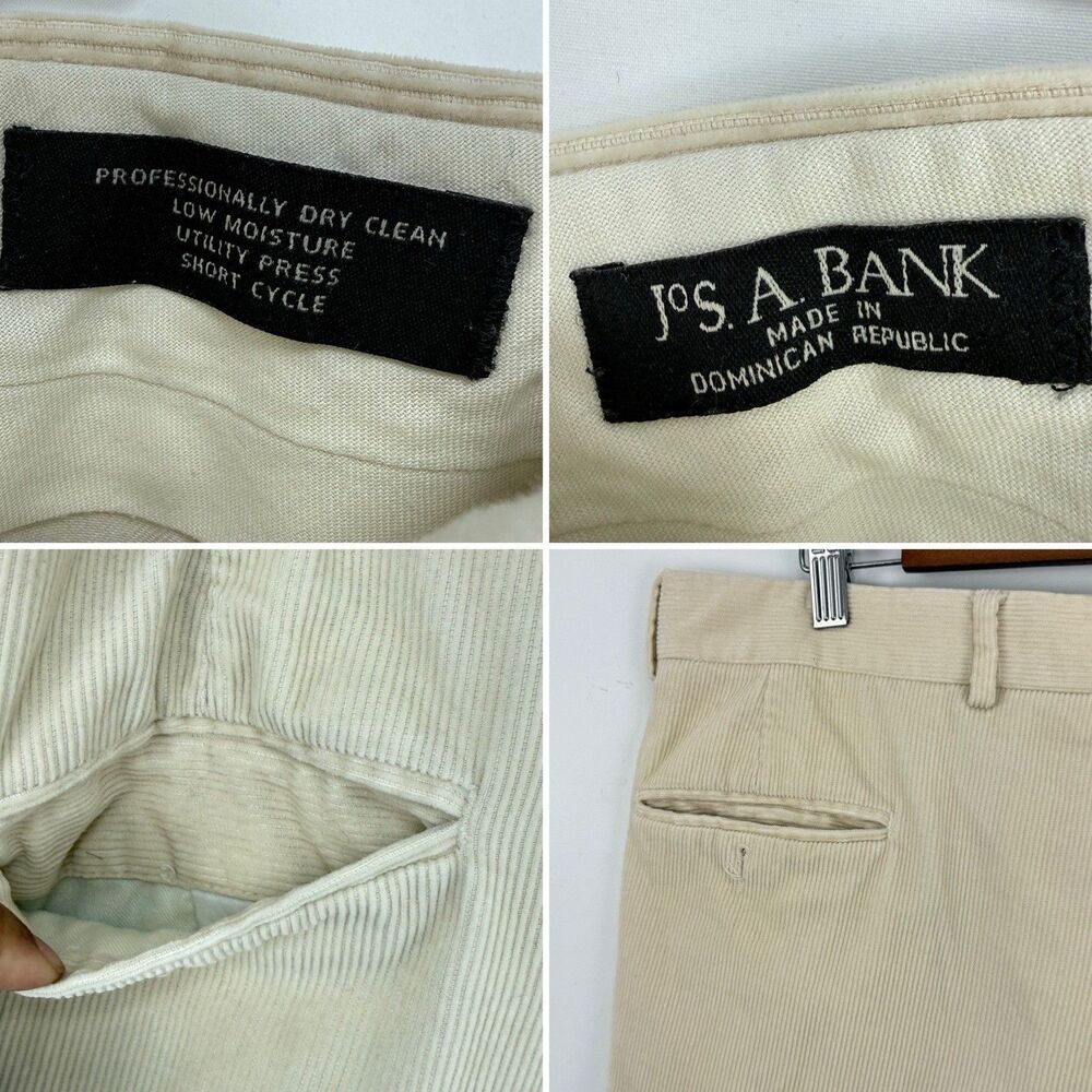 VTG Jos. A. Bank Mens Pants Beige Corduroy Straight Cuffed Pleat Chinos Size 35 - Picture 10 of 15